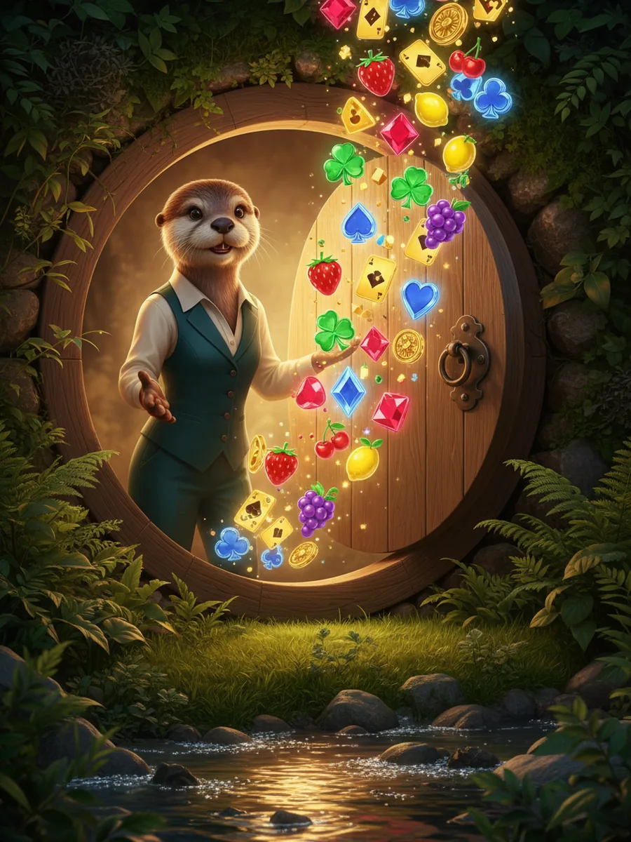 Missy opening a round door in a riverbank